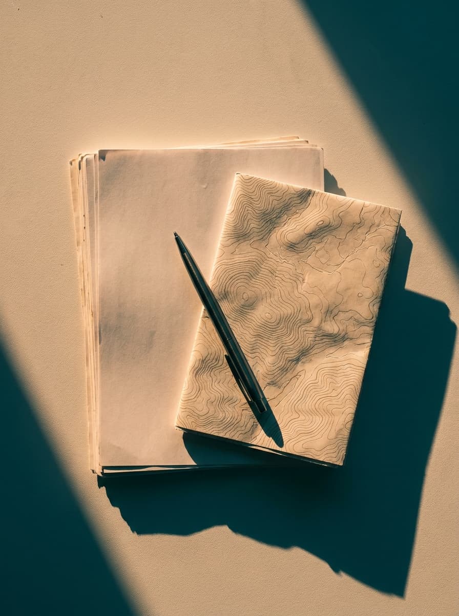 An austere overhead still-life of analyst documents in raking morning light