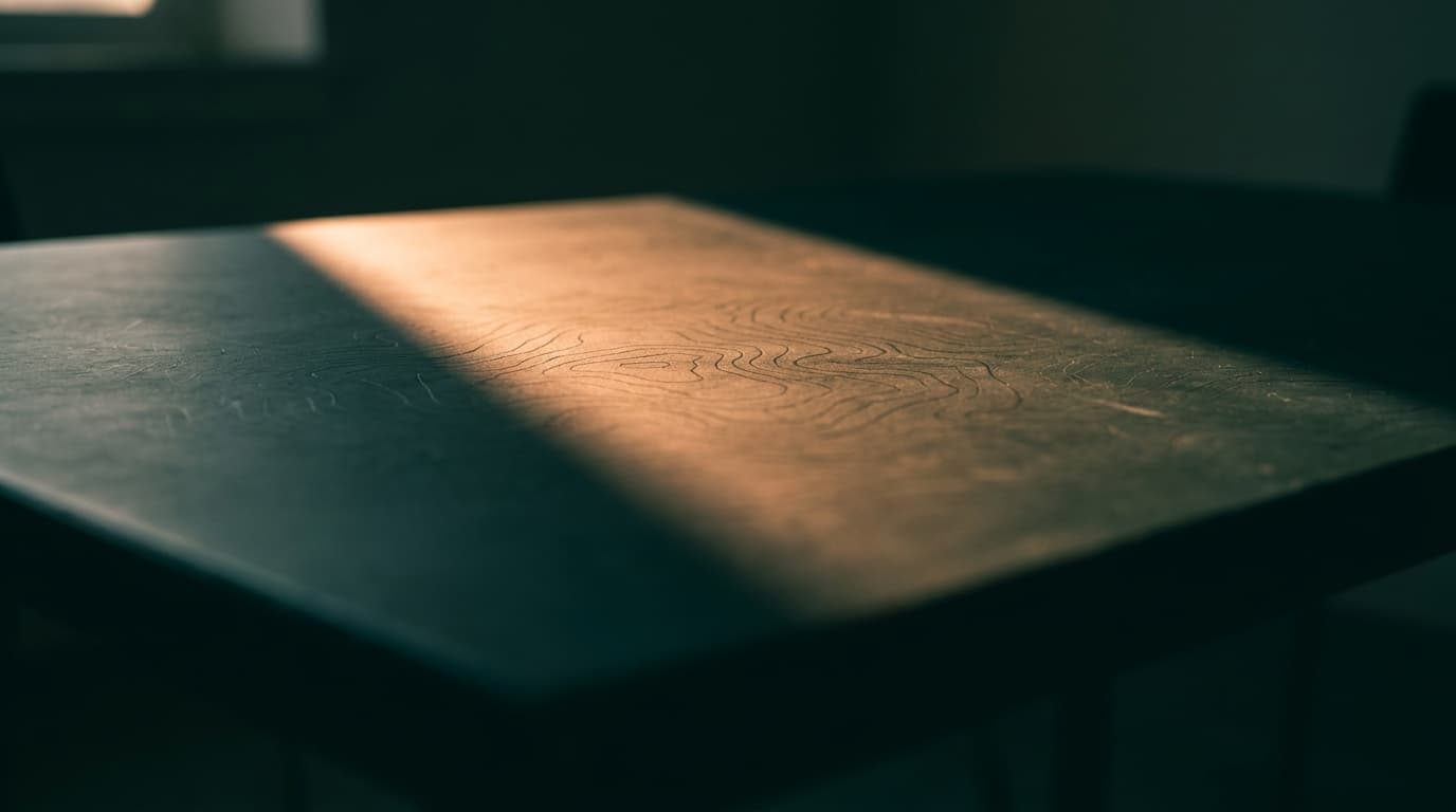 Analytical situation-room surface under a single amber light